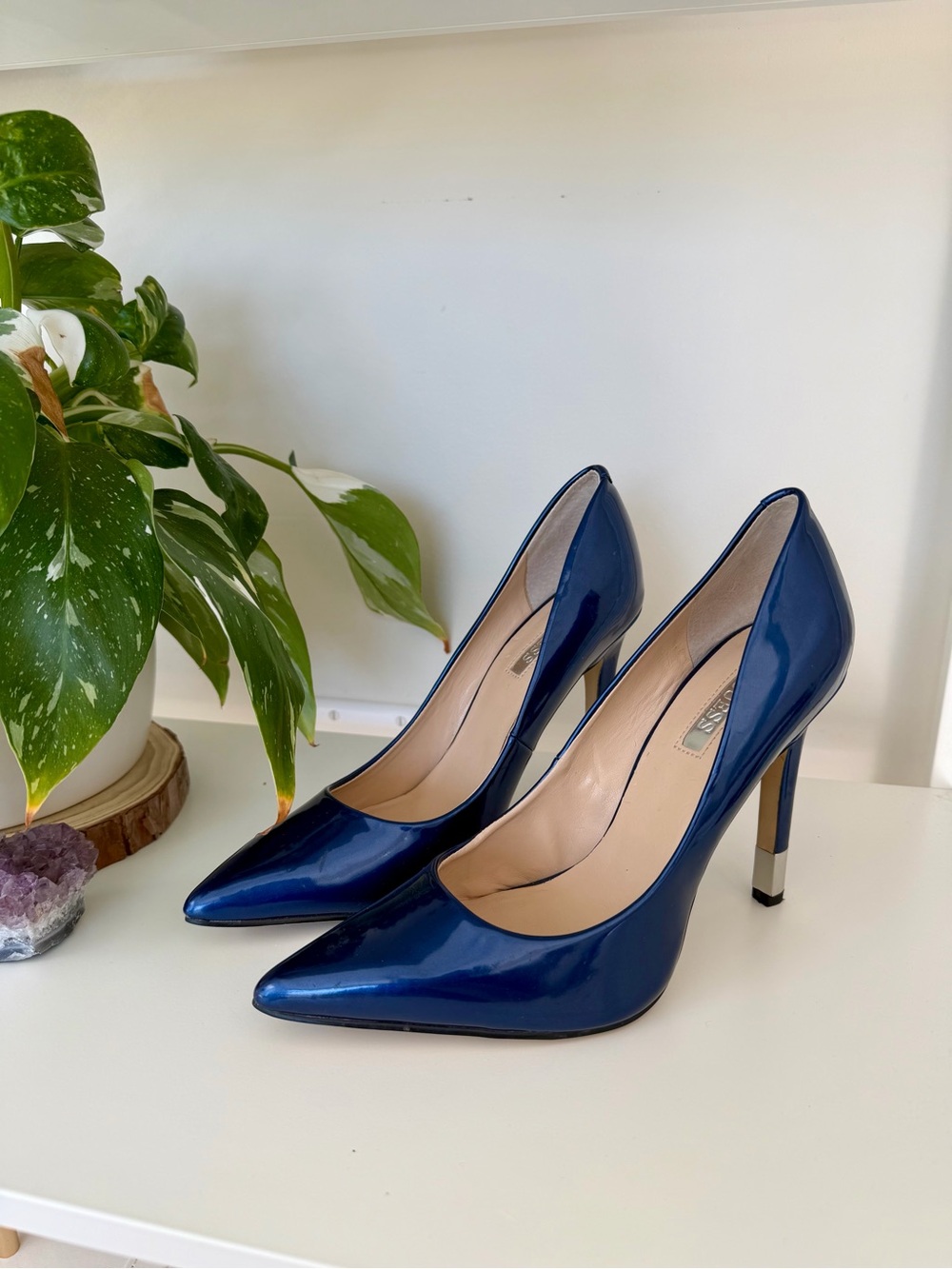 Guess Classic Pointed-Toe Patent Stiletto Pumps - Navy Blue